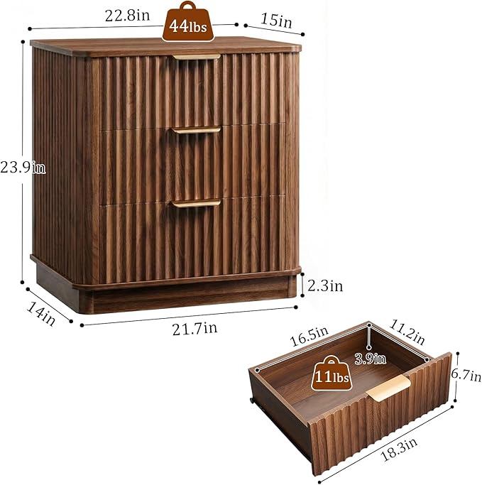 LYNCOHOME Fluted Night Stand Set of 2, Large 3 Drawer Nightand, Wood Bedside Table, Multifunctional Bed Side Table & End Table, Dresser for Bedroom, Living Room Closet, Walnut