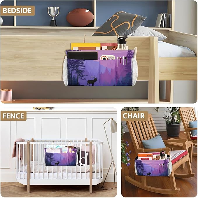 Bedside Caddy Hanging Bunk Bed Caddy Bed Organizer Hanging Pocket with 2 Hooks Bedside Storage Organizer Pocket Bag Holder Purple Stag Mountains and Forest