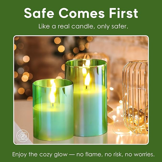 Eywamage Green Glass Flameless Pillar Candles with Remote, Flickering Christmas Battery LED Candles Holiday Decor Set of 3