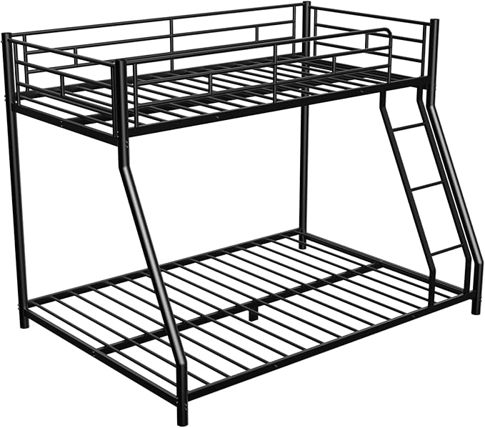 Twin Over Full Bunk Bed for Adults & Kids, Heavy Duty Bunk Beds with EVA Padded Ladder and Full-Length Guardrails, Noise-Free Metal Bed Frame, Space-Saving Design, Black