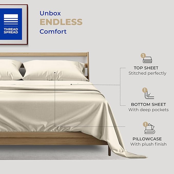 Thread Spread 100% Cotton Bed Sheets Twin XL Set - 400 Thread Count Cotton Twin XL Sheet Only, 3 PC Set (Ivory), Ultra Soft, Breathable, Cooling, Sateen Weave 16" Deep Pocket Bedsheet for Hot Sleepers