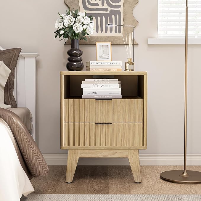 Nightstand with Charging Station, Modern Fluted 2 Drawer End Table with Storage Shelf, Natural Oak Bedside Table for Bedroom & Office