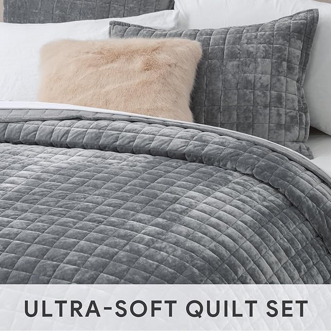 RECYCO Luxury Velvet Quilt Set Full Queen Size, Lightweight Velvet Comforter Set, Oversized Bedspread Coverlet Quilted Bedding Set, with 2 Matching Pillow Shams, for All Season, Gray