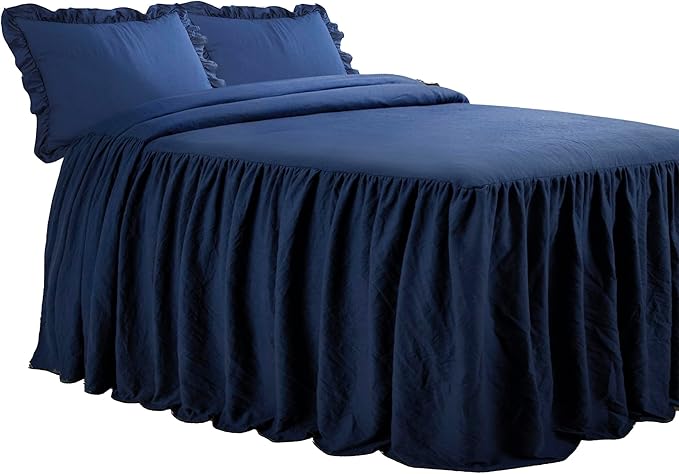 Lush Decor Ruffle Skirt Bedspread Set - 3-Piece Luxurious Farmhouse Bedding - Elegant Ruffle Detail - Timeless Style - Soft Lightweight Sheets - King, Navy
