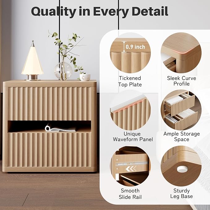 Dripex Fluted Nightstand Set of 2 with Drawers Storage, Large Wide Wood Night Stand Bedside Tables for Bedroom, Mid-Century Modern Bed Side Table, End Tables for Living Room Sofa Couch, Natural Oak