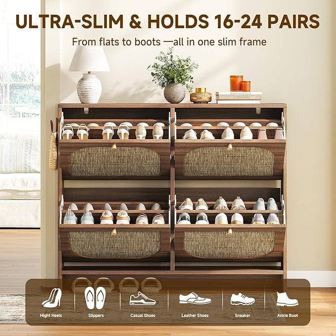 Nicetree Freestanding Ultra Slim Arched Rattan Accent Shoe Storage Cabinet for Entryway - 4 Flip Drawers & 3-Tier Adjustable Shelves, Farmhouse Modern Rustic Shoe Rack for Hallway, Foyer