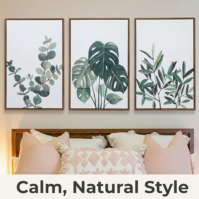 Sage Green Boho Framed Wall Art,16x24x1.38in 3Pcs, Neutral Botanical Canvas Prints, Monstera, Eucalyptus & Olive Leaf Decor, Floating Frames Included, Minimalist Art for Living Room, Bedroom