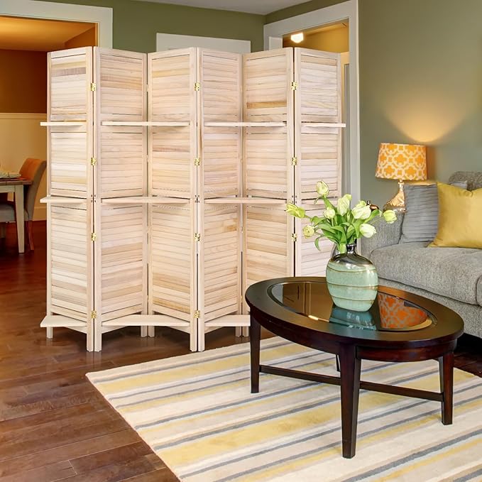 Bonnlo Wood Room Divider Privacy Screen, 5.9 Ft Tall Folding Partition Wall Divider, Indoor Freestanding Hinged Space Separator (Natural, 6 Panel with Shelves)