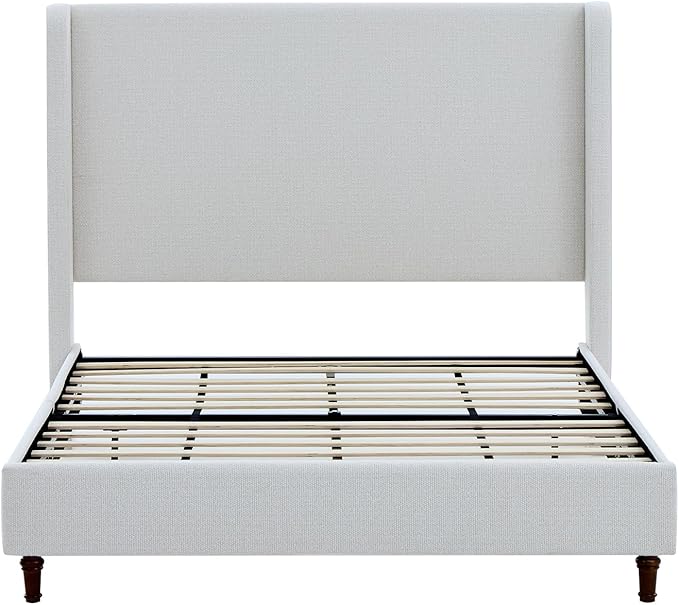 Queen Size Upholstered Bed Frame, 54" Tall Headboard Curved Wingback Platform Bed Frame/Elegant Boucle Bed Frame for Bedroom/ Wood Slats Support/No Box Spring Needed/Easy Assembly/Cream White Boucle