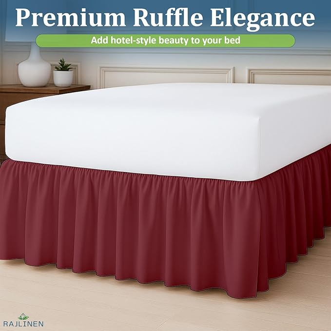 Rajlinen Ruffled Bed Skirt Full, 8 Inch Drop Dust Ruffle with Split Corners, 100% Microfiber Bedskirt with Platform, Three-Sided Coverage Ruffled Gathering Design, Burgundy