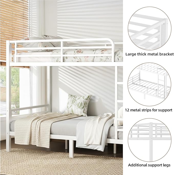 Twin XL Over Twin XL Bunk Bed Frame, Heavy Duty Metal Loft Bed for Adults/Teens, 350/500LB Capacity w/Ladder & Guardrail, Noise-Free Steel Slats, No Box Spring Required, White
