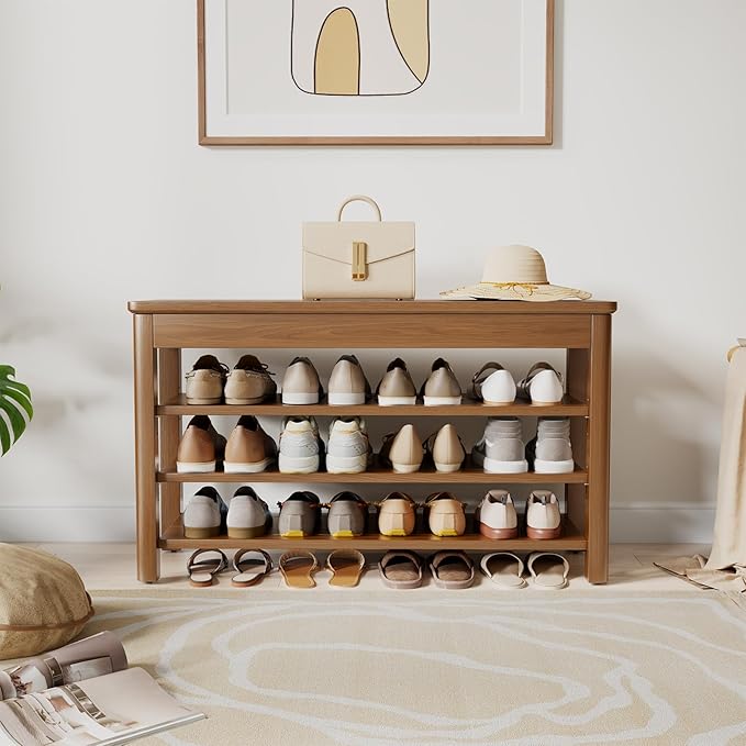 AQIMUELE 3 Tier Shoe Bench with Storage, Wood Shoe Rack for Front Door Entrance, Entryway Shoe Storage Bench.