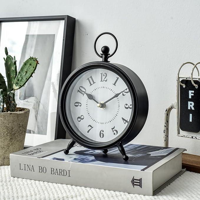 Vintage Non-Ticking Black Table Clock with Stand, Decorative Clock for Desk and Shelf, Rustic Farmhouse Style Mantel Timepiece