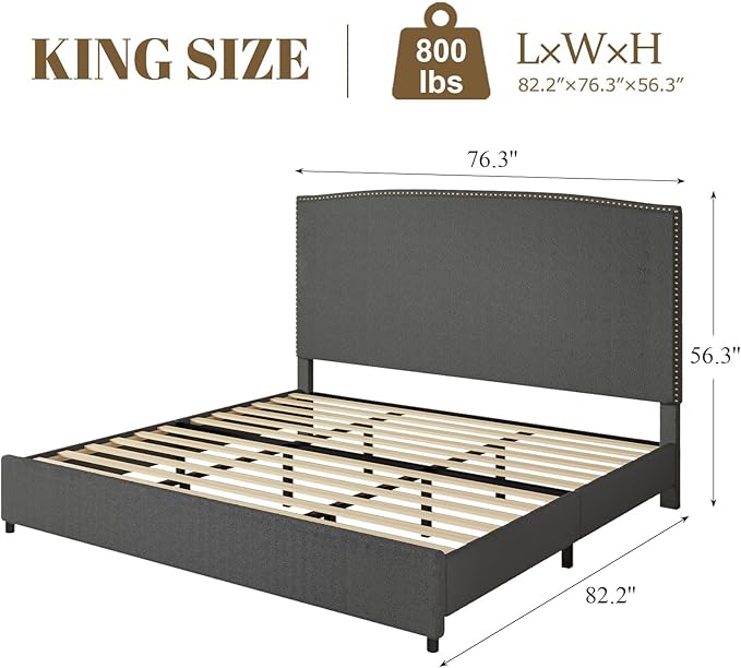 King Size Bed Frame and Headboard, 56" Upholstered Platform Bed with Nailhead Trim, Soft Boucle Fabric, No Box Spring Needed, Easy Assembly, Grey