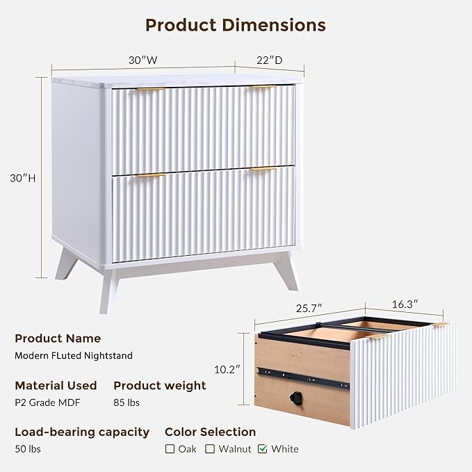 T4TREAM Modern Fluted Wood Night Stand, 30" Tall Bedside Table with 2 Drawers & Large Tabletop, Side Tables Bedroom, End Table for Living Room, White