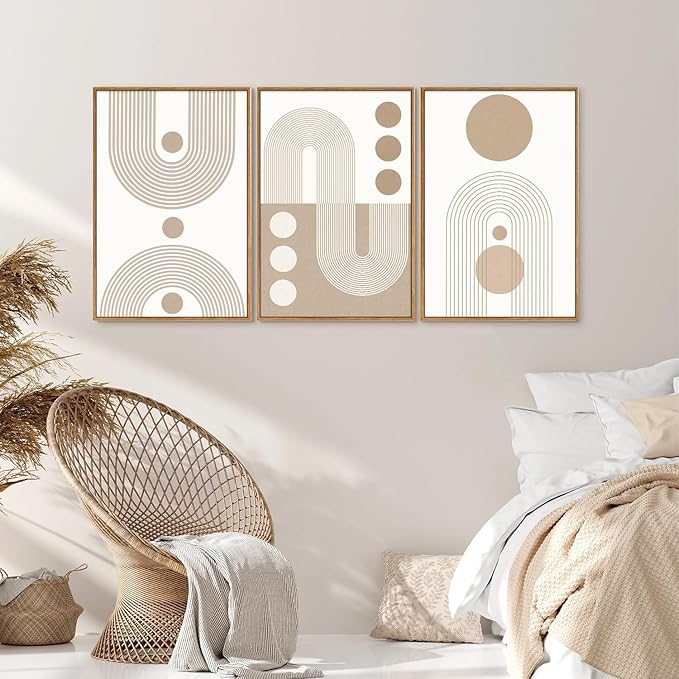 YeeHomedec Boho Beige Neutral Framed Canvas Wall Art, Mid Century Modern Wall Decor, Bohemian Abstract Minimalist Artwork, Geometric Line Circle Art Painting for Living Room Bedroom Office 16"x24"x3