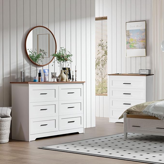 GEPELCN Farmhouse Dresser for Bedroom 6 Drawers Dresser with Power Outlets Rustic Chest of Drawers with Natural Texture White Organizer for Living Room Hallway
