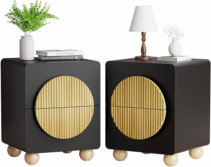 23" Black Nightstand with Solid Wood Legs Set of 2, Modern Style Fluted Bedside Table with Round Moon Handle & Storage, Mid Century Night Stand for Bedroom, Side Table, End Table