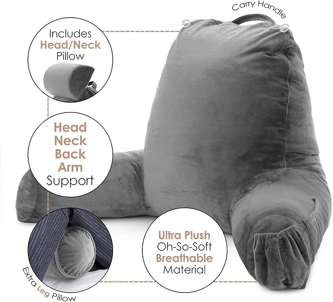 Nestl Reading Pillow with Shredded Memory Foam Includes 2 Neck and Lumber Support Pillows, Designed for Sitting Up in Bed and Couch, Back and Arms Adjustable Support for Adult & Teens, Dark Grey