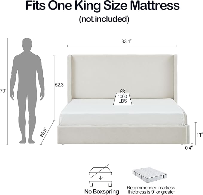 King Size Upholstered Bed Frame, 52.3" High Headboard Carmen Wingback Bed Frames, Tall Headboard Floor Platform Beds, No Box Spring Needed No Noise, Simplicity Minimalist, Beige Boucle