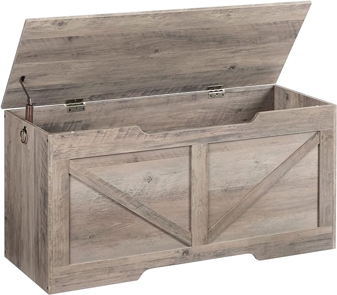 HOOBRO Storage Bench, 39.4” Retro Wooden Storage Chest with U-Shaped Cut-Out Pull, Safety Hinge, Supports 220 lb and Easy Assembly for Toy Box Organizer (Greige) BG771CW01