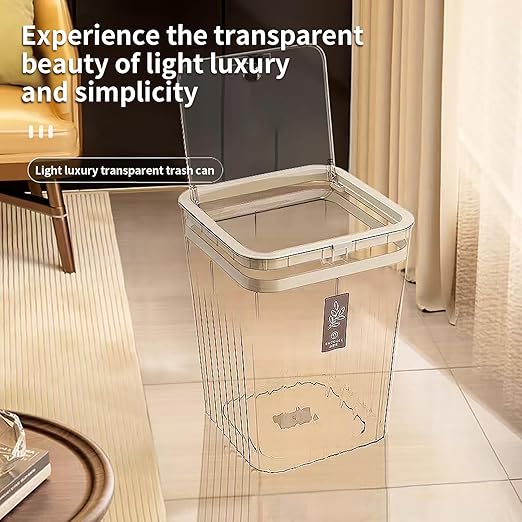 Bathroom Trach Can with Lid, 2.6 Gallon Grabage Can,Plastic Transparens Waste Basket with Press Top Lid,Clear Trach Bin for Home,Living Room,Bedroom,Office,Brown