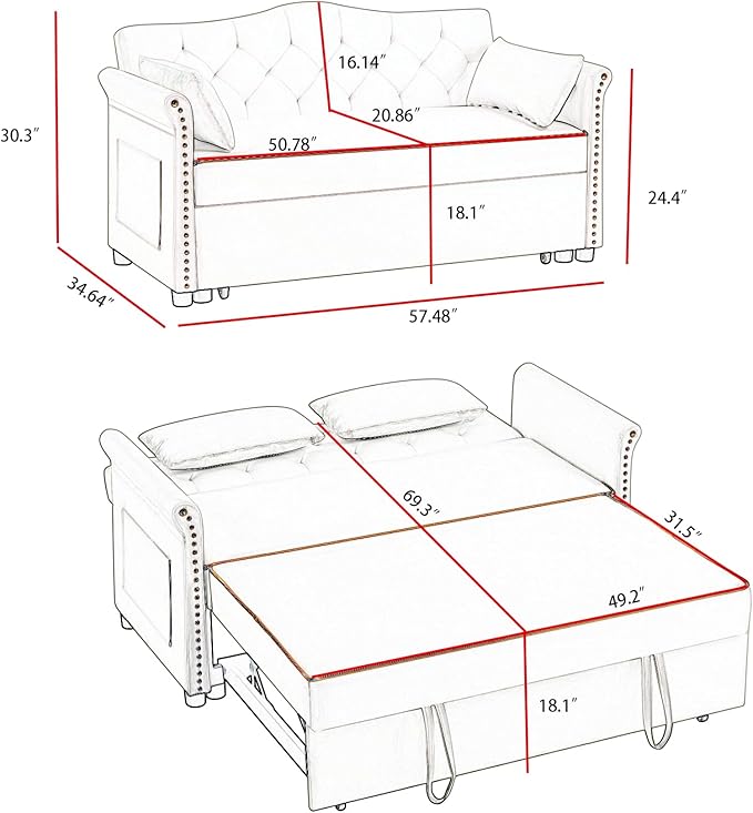57'' Convertible Sleeper Sofa Bed with Adjustable Backrest, Chaise Lounge, 2 Pillows & Side Storage Pockets – Stylish & Functional Furniture for Living Room or Small Spaces (Grey Sofa Bed)