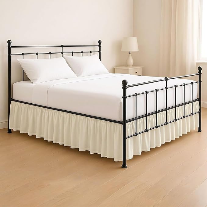KRISHNA Ruffled Bed Skirt with Split Corners Queen, 100% Microfiber Hotel Quality, 14 Inch Drop Dust Ruffle Gathered Bedskirt with Platform, 60" x 80", Ivory