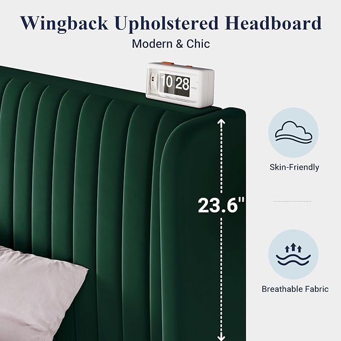 Allewie Full Size Bed Frame/Velvet Upholstered Platform Bed/Vertical Channel Tufted Wingback Headboard/Strong Wooden Slats/No Box Spring Needed/Easy Assembly/Green
