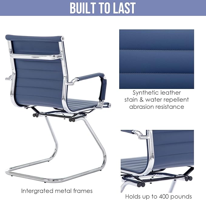 Wahson Office Guest Chairs Set of 10, Leather Reception Chairs, Mid Back Waiting Room Chair, Conference Chairs with Sled Base, Desk Chair No Wheels for Meeting/Lobby/Restroom, Navy Blue