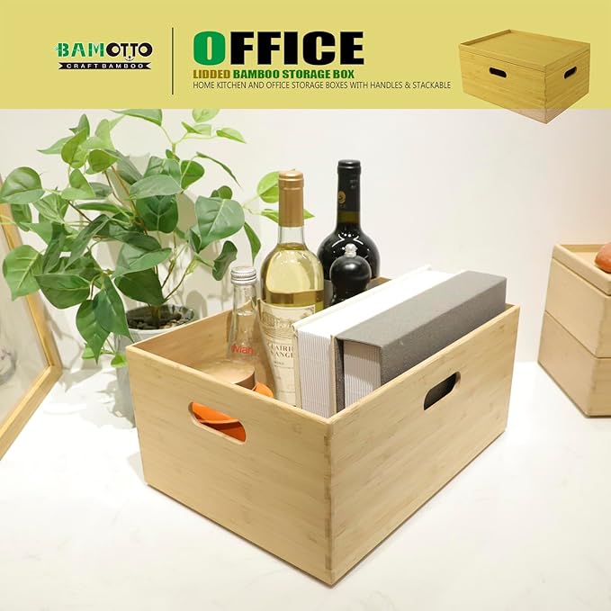BAMOTTO Lidded Bamboo Storage Bins & Box/Cube/Basket, Home Kitchen and Office Storage Boxes with Handles & Stackable for Organizer Tableware, Clothing, Toys, Office Shelf Books, 14.6”x10.2”x6.5”