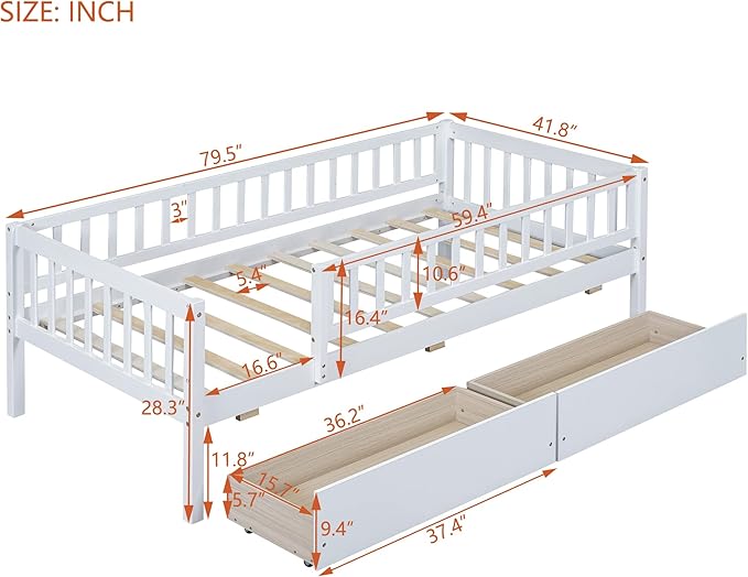 Bellemave Twin Bed Frames with Rails for Kids, Twin daybed Frame with Drawers for Boys/Girls/Adults，White