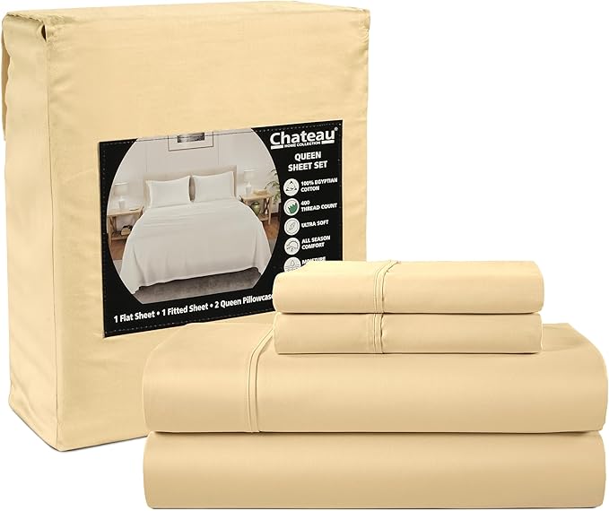 CHATEAU HOME COLLECTION 400 Thread Count Cal King Bed Sheets, 100% Egyptian Cotton Sheet & Pillowcase Sets, Soft Sateen Weave Naturally Cooling Sheets Deep Pockets Fits Upto 17"- Semolina