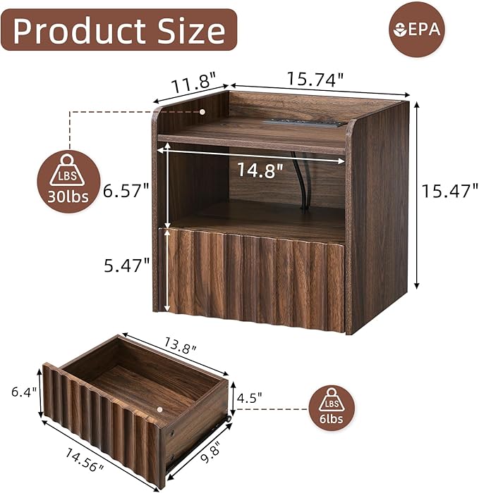 Modern Fluted Floating Nightstand Wall Mounted Set of 2- Bedside Table with Storage Drawer & Display Shelf, Minimalist Bedroom Furniture for Studio Apartments (Walnut)