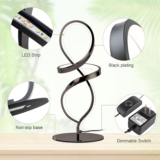 Mayful Modern Lamp with LED Spiral Design, Bedside Lamp with Stepless Dimming Switch, Contemporary Nightstand & Black Table Lamp for Bedroom, Living Room, Home Office, 12W 3200K Warm White,2 Pack