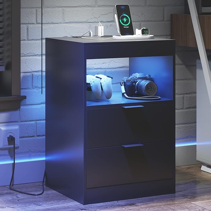 Tiptiper Black Nightstand Set of 2, LED Nightstand with Wireless Charging Station, Night Stand with Drawers & Pull-Out Shelf, Modern Bedside Table with Storage, End Table Side Table
