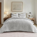 EVERGRACE Velvet Quilt Set Queen Size, Luxurious Soft Striped Channel Bedding Set, Lightweight Velvet Comforter for All Season, Oversized Bedspread Coverlet with 2 Matching Shams, Frost Gray