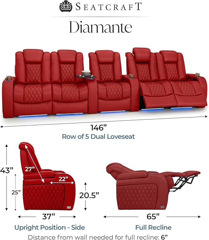Seatcraft Diamante Zero-Gravity CoolZero Italian Leather Home Theater Seating, Power Headrest, Power Recline, Row of 5 Dual Loveseats, Red