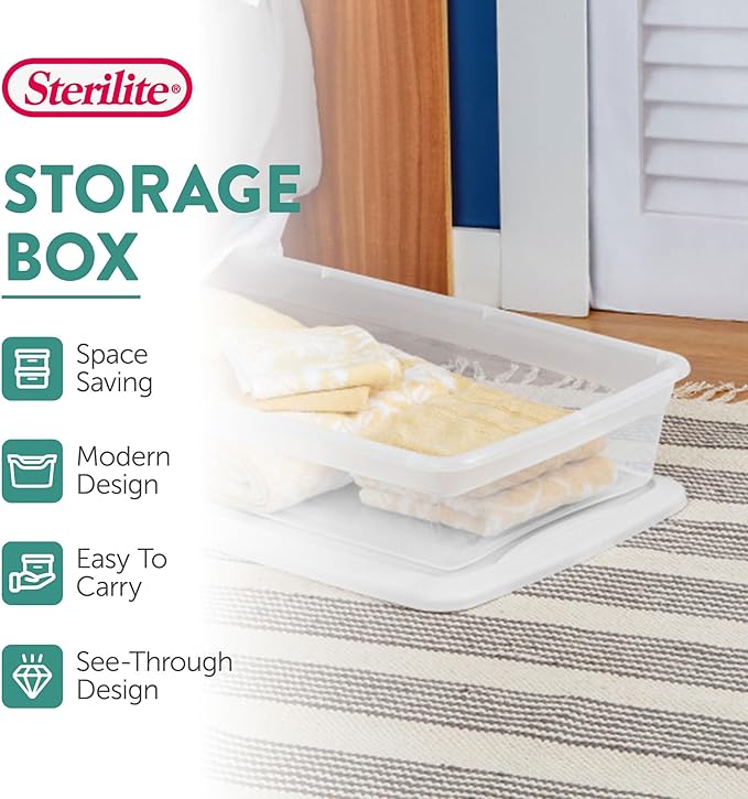 Sterilite 18 Pack Storage Box, 41 Quart Stackable Tote, Clear Plastic Container with Secure Snapping Lids for Home and Office Organization, White