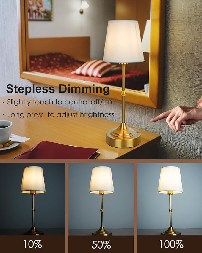 Cordless Table Lamp, Rechargeable Table Lamp with Touch Dimmable Control, Portable LED Desk Lamp for Indoor Patio (Gold, 1)