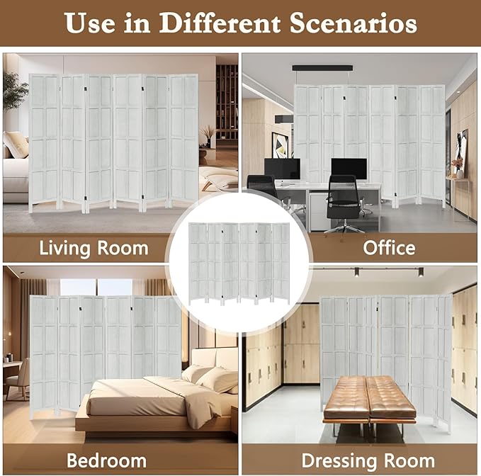 6 Panel Room Divider, 5.6Ft Wood Room Dividers and Folding Privacy Screens, Room Divider Wall Freestanding Room Partitions, Room Dividers Screen for Home Office Bedroom, White