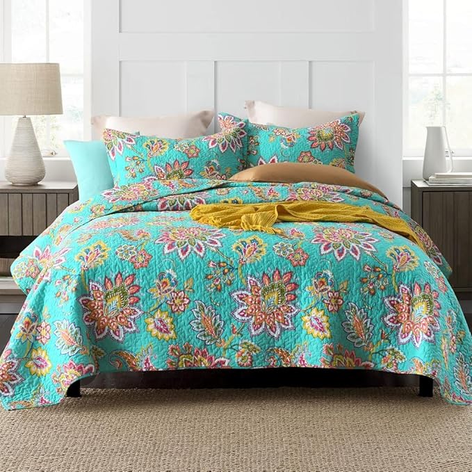 Cotton Bedspread Quilt Sets Reversible Bedding Coverlet Sets Comforter Paisley Floral Bedspread (Green Vintage Floral, King Size)