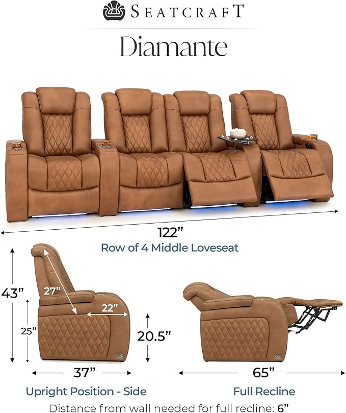 Seatcraft Diamante Zero-Gravity CoolZero Italian Leather Home Theater Seating, Power Headrest, Power Recline, Row of 4 Middle Loveseat, Tawny