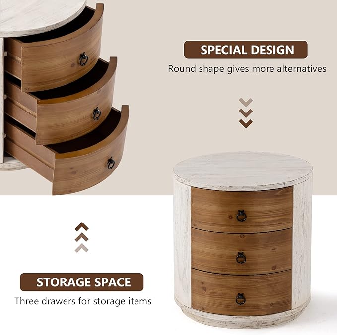COSIEST Bedside Table Set of 2, Wood Nightstand 3 Drawers, Farmhouse Round End Table with 3 Drawers, Dresser with Drawers for Bedroom, Living Room