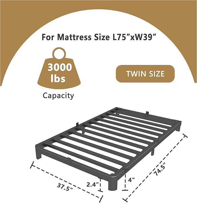 ITIMIDI 4 Inch Twin Bed Frame, Easy Assembly, Platform Bed Frames with Metal Gaskets, Round Corner Leg, No Box Spring Needed, Heavy Duty Steel Slat Support, Anti-Slip Mattress Stopper, Black