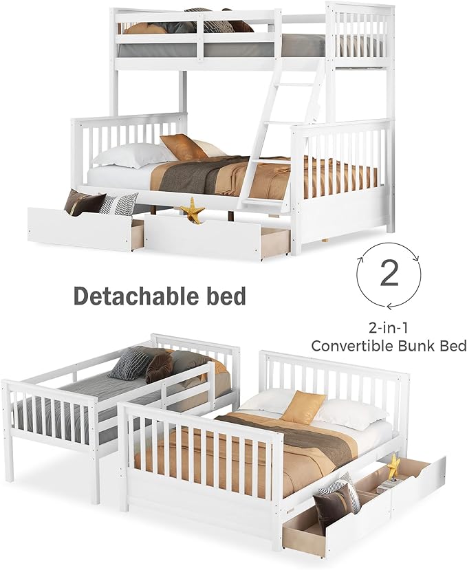 Merax Wood Bunk Bed with Drawers,Convertible Wood Bunk Bed with Ladders and Two Storage Drawers,Solid Wood Detachable Bed Frame with Ladders,Twin Over Full Size,White