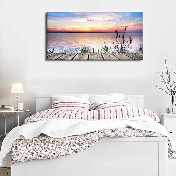 Canvas Wall Art Lake Dock Sunset Scenery Flying Birds Picture Large Beach Sunset Landscape Canvas Artwork Contemporary Nature Pictures for Living Room Bedroom Home Office Kitchen Wall Decor 20" x 40"