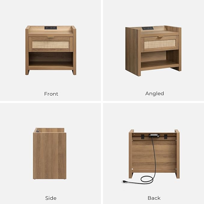 SICOTAS Night Stand Set of 2 Nightstands - Rattan Bed Side Table with Drawer Storage,Type-C Charging Station End Table - Boho Bedside Night Stands for Bedroom - Natural Oak