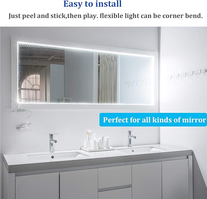 WOBANE White LED Strip Lights, Dimmable LED Light Strip Kit, 16.4ft Flexible Tape Lights for Bedroom,Kitchen,Under Cabinet,Bright 6500K Daylight, LED Mirror Lighting for Vanity Makeup Dressing Table