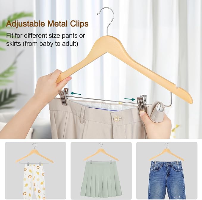 TOPIA HANGER Wooden Hangers with Adjustable Metal Clips and 360° Swivel Hook, Premium Wood Clothes Hangers 10 Pack for Suit, Pant, Skirt, Jeans, Coat, Jacket-CT28N